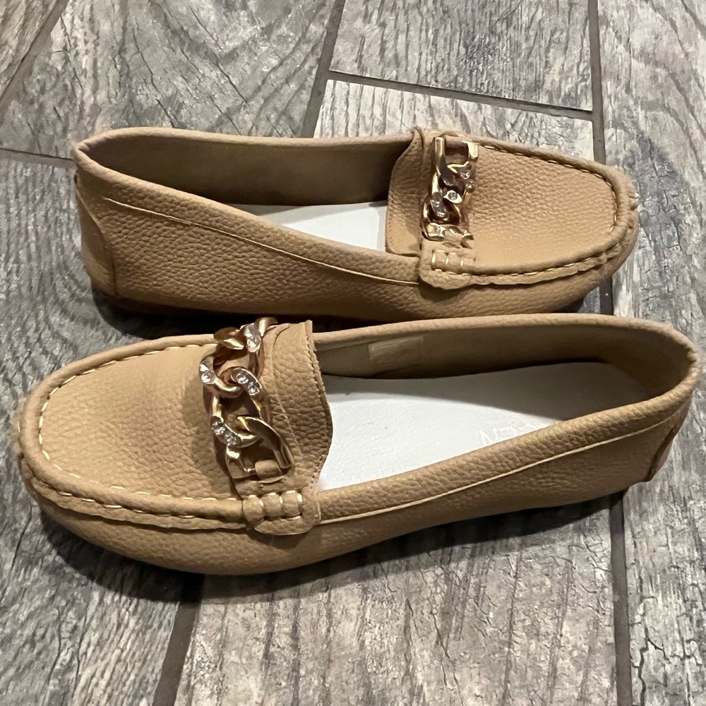 Tan Gold Chain Loafers with Flat Sole